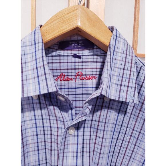Alan Flusser Button Up Plaid Multicolor Shirt Men Medium Long Sleeve 100% Cotton - Picture 2 of 8